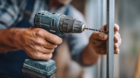 A skilled craftsman uses an electric drill to install a metal frame, highlighting the precision and focus required for quality workmanship in a modern workshop setting.の素材