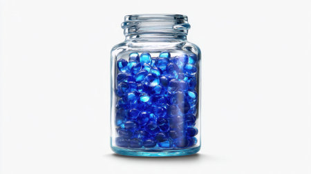 This image showcases vibrant blue decorative pebbles contained in a clear glass jar, perfect for enhancing home decor and various creative projects.の素材