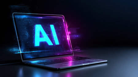 This striking image features a laptop showcasing the concept of artificial intelligence with luminous effects in a dark setting, symbolizing modern technology and innovation.の素材