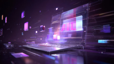 A futuristic laptop showcases dynamic data streams in a vibrant digital environment. Vivid colors and abstract elements blend technology and innovation seamlessly.の素材