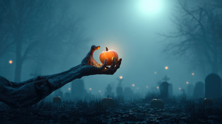 A haunting scene featuring a twisted zombie hand clutching a glowing pumpkin amidst a fog-laden graveyard, surrounded by eerie tombstones and soft moonlight.の素材