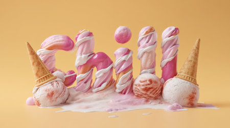 A whimsical scene of ice cream letters forming the word "Chill" surrounded by melting cones and colorful swirls, evoking feelings of relaxation and joy.の素材