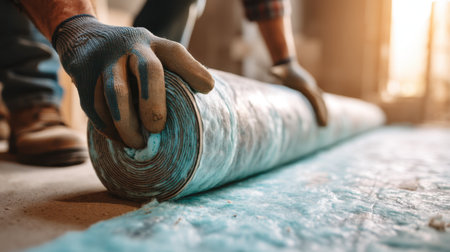A skilled worker lays out insulation material on a floor in a construction site. Natural light filters through, creating a warm atmosphere for home improvement.の素材