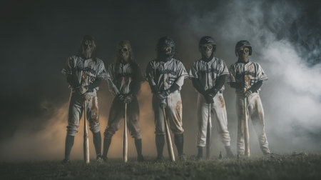 Mysterious baseball team poses in foggy night setting, wearing vintage uniforms and masks, creating an eerie, captivating atmosphere perfect for art and storytelling.の素材