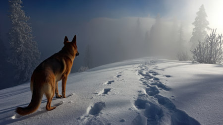 A stunning German Shepherd dog stands on a snowy path, creating a picturesque scene in a misty winter landscape. Soft light filters through the trees, enhancing tranquility.の素材