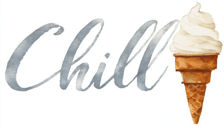 This charming watercolor illustration features an ice cream cone topped with soft serve alongside the word 'Chill', perfect for evoking feelings of relaxation and summer fun.の素材
