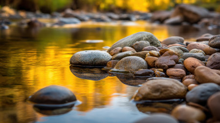 A serene river scene featuring smooth pebbles on the water surface with vibrant reflections of yellow autumn trees, showcasing nature's peaceful and tranquil beauty.の素材