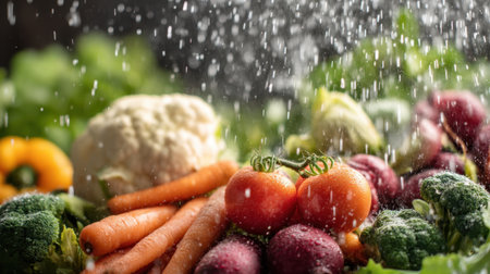 A vibrant arrangement of fresh vegetables such as carrots, tomatoes, and broccoli being gently spray-washed, highlighting their freshness and appealing colors for healthy cooking.の素材