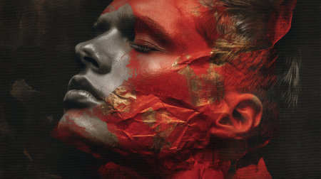 This captivating artwork features a model's face intertwined with vibrant colors and textures, creating a striking visual experience that evokes deep emotion and creativity.の素材