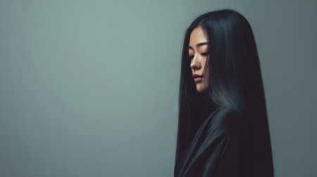 A striking portrait of a woman with long, black hair, captured in profile against a soft backdrop, evoking feelings of elegance, serenity, and contemporary beauty.の素材