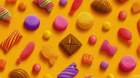 This stock photo displays a vibrant collection of assorted candies on a bright yellow background, showcasing a delightful mix of shapes and colors perfect for party themes.の素材