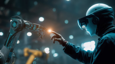 A human interacts with a robotic arm in a high-tech workshop, highlighting the blend of virtual reality technology and advanced robotics for future collaboration.の素材