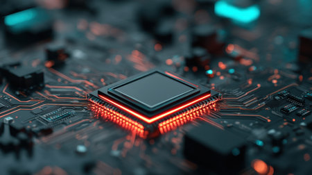 This close-up image showcases a modern microprocessor on a circuit board, highlighting intricate wiring and glowing lights that represent cutting-edge technology and innovation.の素材