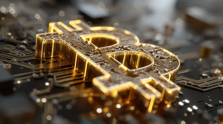 A striking close-up image of a glowing Bitcoin symbol situated on a complex circuit board, representing the intersection of technology and finance in the digital age.の素材