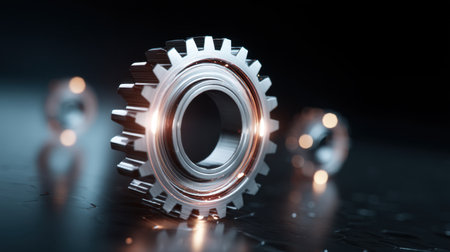 Stunning close-up of a metallic gear showcasing intricate details and a polished surface. The design highlights industrial technology and mechanical engineering aesthetics.の素材
