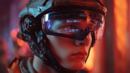 A young individual dons a high-tech helmet with an augmented reality visor in a vivid sci-fi setting, reflecting the intersection of technology and human innovation.の素材