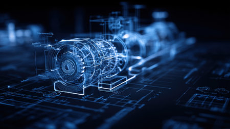 This image showcases a futuristic 3D rendering of a mechanical engine, featuring transparent components and intricate technical drawings, ideal for design inspiration and engineering projects.の素材