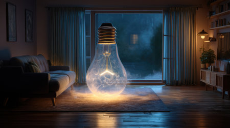 An enormous glowing light bulb emits a warm, inviting light, enhancing a cozy living room atmosphere. The dark window adds a touch of peace to this serene space.の素材