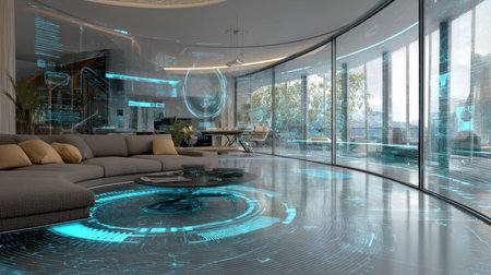 Experience a blend of modern design and technology in this futuristic living space featuring holographic displays, panoramic views, and sleek furniture that inspires innovation.の素材
