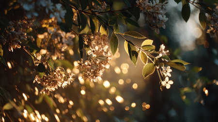 A stunning image capturing the beauty of sunlight filtering through delicate blossoms and lush green leaves, creating a magical bokeh effect in nature.の素材