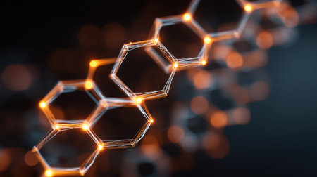 This abstract image features interconnected hexagonal structures with illuminated edges, reflecting themes of innovation, science, and technological advancement in a vivid, modern design.の素材