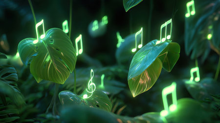 A captivating scene featuring luminous green leaves surrounded by floating musical notes, creating an enchanting atmosphere perfect for artistic inspiration and relaxation.の素材