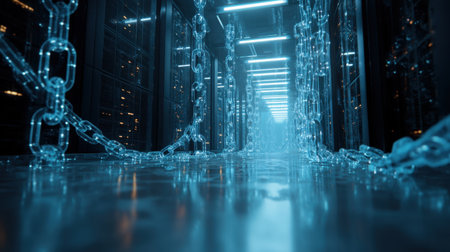 This image showcases a futuristic corridor illuminated by blue light, featuring transparent chains that create a high-tech and surreal atmosphere, perfect for digital themes.の素材