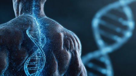 Stunning digital art showcasing human back with a DNA double helix, representing advancements in genetics and its significant impact on healthcare and biology.の素材
