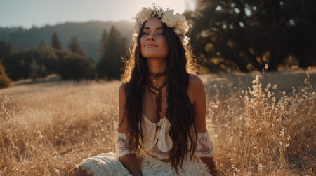 A young woman adorned with a flower crown sits gracefully in a golden field during sunset, radiating peace and connection with nature in a tranquil outdoor setting.の素材