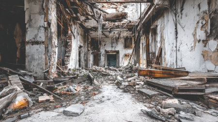 A haunting view of an abandoned interior showcasing decaying walls and scattered debris. This image conveys a sense of neglect and urban exploration in a forgotten space.の素材