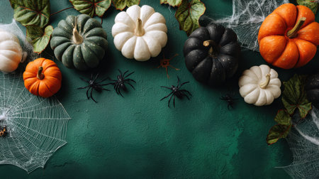 A vibrant display of colorful pumpkins alongside creepy spiders and intricate spiderwebs create an inviting Halloween atmosphere perfect for seasonal celebrations.の素材