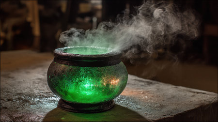 A captivating cauldron filled with a glowing green potion emits ethereal smoke, creating a mysterious ambiance perfect for fantasy or witchcraft themes.の素材