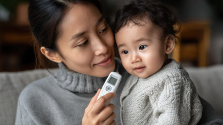 A nurturing moment between a mother and her toddler as she checks the child's temperature with a thermometer, reflecting care and health awareness in a cozy home.の素材