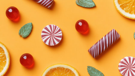A visually appealing arrangement of vibrant candies and citrus fruits against a bright orange background, perfect for showcasing the joy of sweets and festive treats.の素材