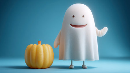 A charming cartoon ghost character smiles and waves next to a bright orange pumpkin. This cute illustration captures the spirit of Halloween in a playful way.の素材