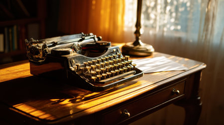 A vintage typewriter rests on a wooden desk, bathed in warm sunlight, evoking nostalgia. This serene scene captures creativity and inspiration for writers and artists.の素材
