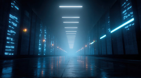 A stunning view of a futuristic data center corridor, featuring vibrant neon lights and a thick fog. The scene evokes a sense of technology and innovation in a digital age.の素材