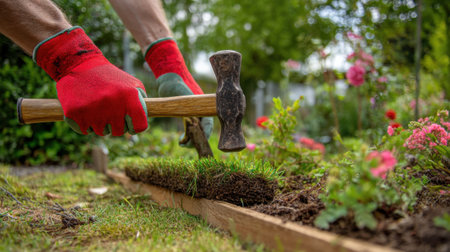 A person in red gloves uses a hammer in a lush garden, working diligently to plant flowers and enhance the outdoor landscape with care and precision.の素材