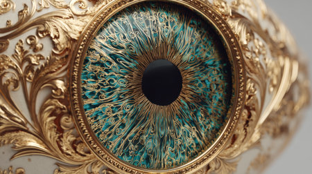 Explore the stunning detail of a unique decorative eye, featuring ornate gold filigree and vibrant turquoise elements, perfect for artistic and creative projects.の素材