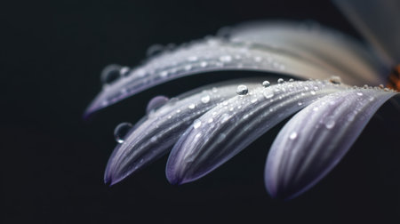 Close-up image of a flower petal adorned with water droplets, highlighting intricate textures and colors against a dark background, evoking beauty and freshness.の素材