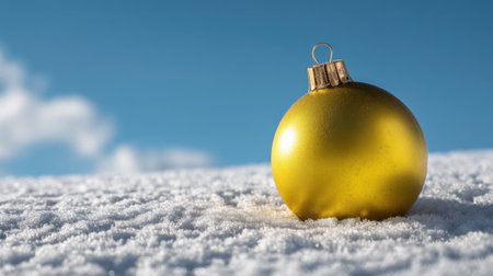 A striking golden ornament rests on a blanket of snow, embodying the essence of winter festivities against a serene blue sky with soft clouds. Perfect for holiday themes.の素材
