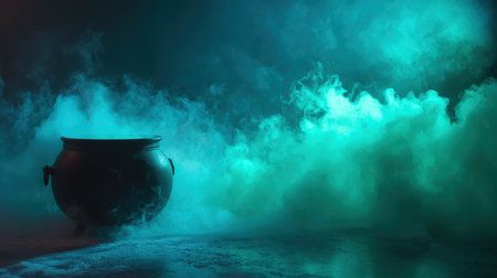 A captivating scene featuring a mysterious cauldron enveloped in colorful smoke. The atmospheric lighting adds intrigue, perfect for fantasy themes and creative projects.の素材