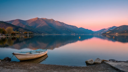 A tranquil lakeside scene at dawn featuring a small boat by the shore. The calm water reflects the majestic mountains, creating a serene atmosphere perfect for nature lovers.の素材