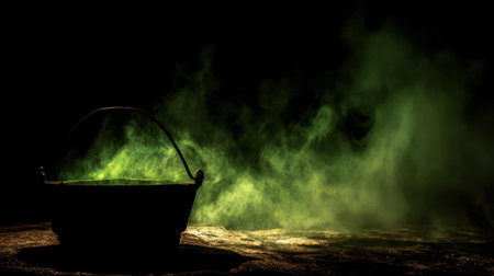 This captivating image features a mysterious cauldron enveloped in ethereal green smoke, creating an enchanting atmosphere ideal for fantasy and Halloween themes.の素材