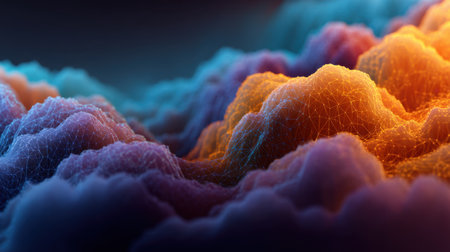 Vivid digital rendering of colorful abstract clouds with intricate network patterns, creating a futuristic landscape that inspires imagination and innovation.の素材