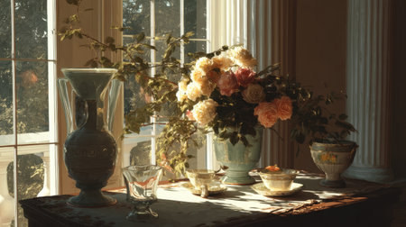 A serene still life scene featuring a vintage floral arrangement with soft roses and antique tableware, beautifully illuminated by morning sunlight streaming through a window.の素材