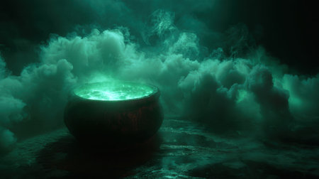A mystical scene featuring an ancient cauldron filled with glowing liquid, surrounded by swirling green fog, evoking a sense of magic and mystery in the atmosphere.の素材