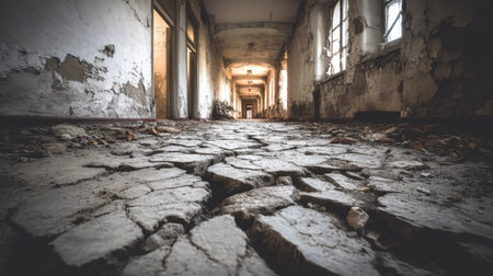 This haunting image portrays an abandoned hallway with a cracked floor and peeling walls, creating an atmosphere of neglect and urban decay.の素材