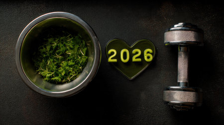 Captivating scene depicting a healthy lifestyle for 2026 with fresh herbs and a dumbbell, symbolizing fitness, nutrition, and year-round wellness choices.の素材