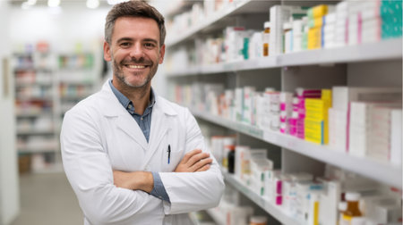 A friendly pharmacist stands confidently among neatly organized shelves filled with various medicines and health products, showcasing professionalism and approachability.の素材